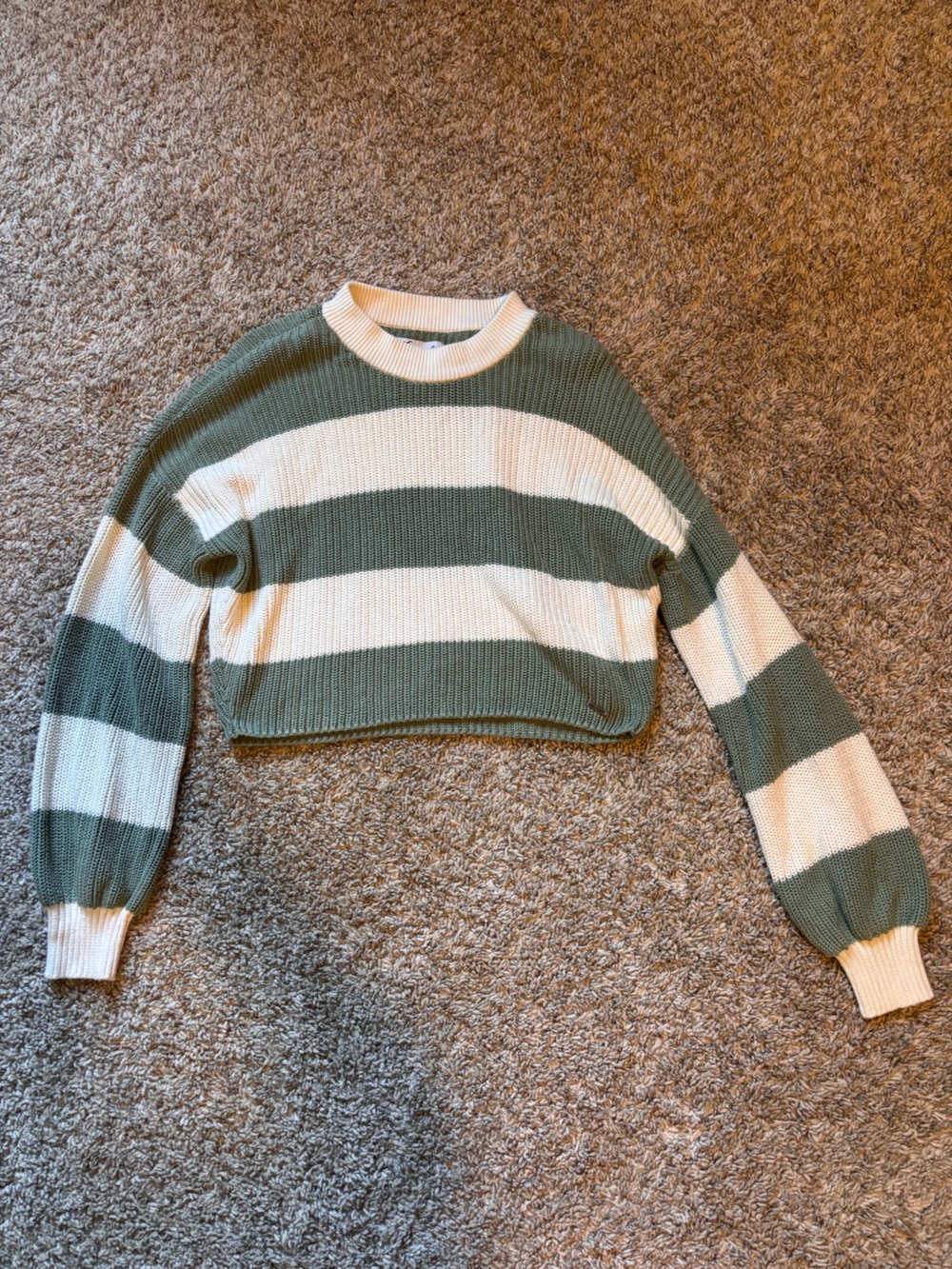 Hollister Cropped Striped Crewneck Sweater - Sage Green & Cream